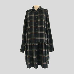 Uniqlo Navy Plaid Flannel Long Sleeve Drop Waist Casual Shirt Dress NWOT M